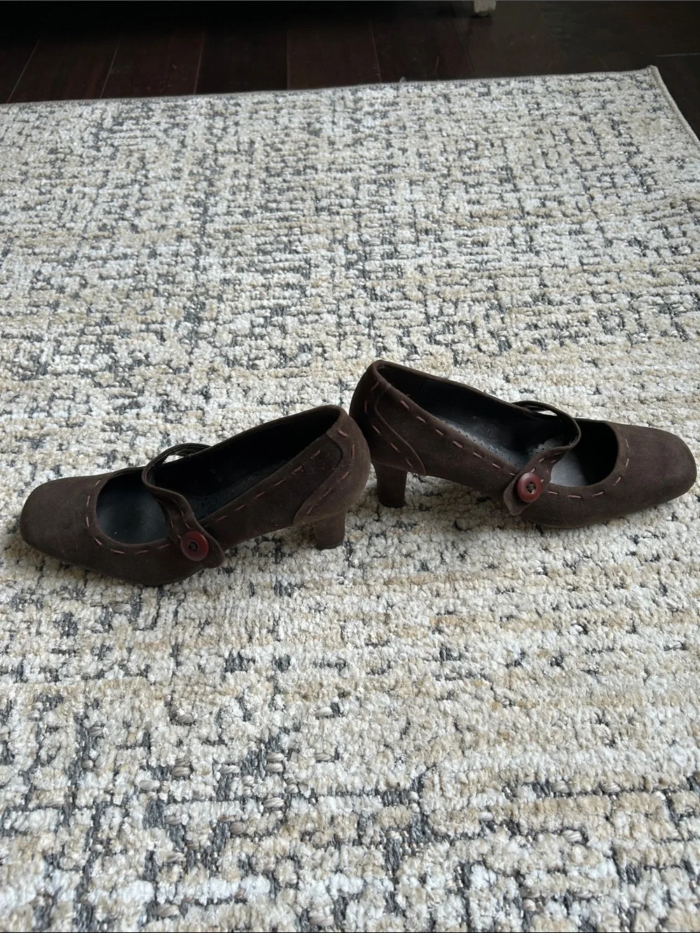 Naturalizer Brown Suede Mary Jane Heels with Red Button Accent